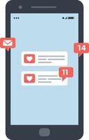 Smartphone with notification icons showing messages and likes in flat minimal illustration vector