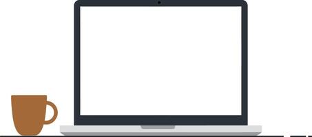 Minimal laptop with blank screen and brown coffee cup on white surface flat design illustration vector