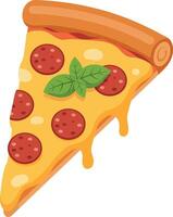 Pepperoni pizza slice with melted cheese and basil leaves flat minimal illustration vector