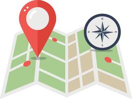 Folded map with red location pins and compass rose in flat style illustration vector