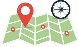 Folded paper map with red location pins and black compass rose in flat design illustration vector