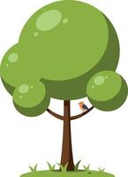 Green tree with round foliage and small bird perched on branch flat minimal illustration vector