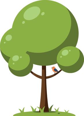 Green tree with round foliage and small bird perched on branch flat minimal illustration