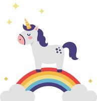 Cute white unicorn with purple mane standing on colorful rainbow between clouds flat design illustration vector