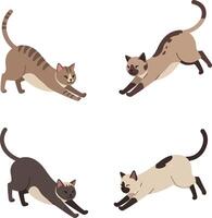 Four stretching cats in flat design with varied fur colors and patterns playful illustration vector