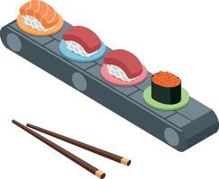 Assorted sushi pieces on conveyor belt with chopsticks minimal flat design illustration vector