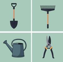 Gardening tools flat design set including shovel rake watering can and pruning shears art vector