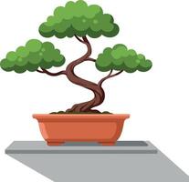 Small bonsai tree with twisted trunk and lush green foliage in clay pot flat style illustration vector