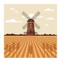 Traditional windmill standing in a flat wheat field under cloudy sky minimal vintage illustration vector