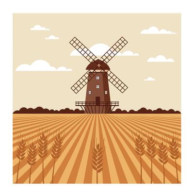Traditional windmill standing in a flat wheat field under cloudy sky minimal vintage illustration