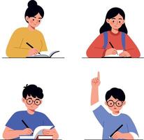 Four diverse students focused on writing and learning in colorful casual clothes flat design illustration vector