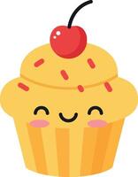 Cute happy cupcake with cherry and sprinkles in flat minimal style illustration vector