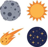 Celestial objects including moon sun comet and starry sky in flat colorful illustration vector