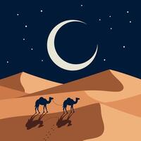 Two camels walking across desert dunes under crescent moon and starry night sky flat illustration vector