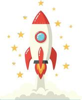 Red and white cartoon rocket launching with stars around in flat minimal style illustration vector