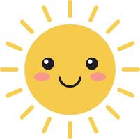 Cute smiling sun with rosy cheeks and simple rays flat design cheerful illustration vector