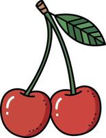 Two ripe red cherries with green leaf and brown stem in simple flat style illustration vector