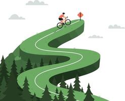 Cyclist riding uphill on winding green mountain path with pine trees in flat minimal illustration vector