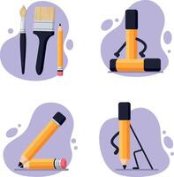 Artistic tools including pencil brush and marker in playful flat design with character poses illustration vector
