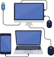 Modern desktop computer laptop smartphone with wired mouse flat design illustration vector