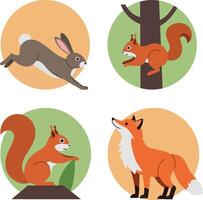 Forest animals including rabbit, squirrel, and fox in colorful flat style illustration with playful natural mood vector