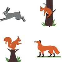 Wild animals including rabbit, squirrels, and fox in flat design style illustration showing natural forest creatures in motion and rest vector