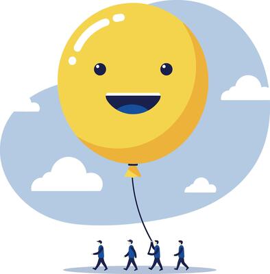 Happy yellow balloon floating in blue sky with small clouds held by four walking people flat design illustration