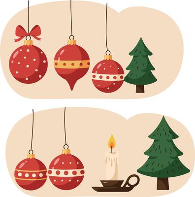 Red Christmas baubles and green pine trees with lit candle in flat design art