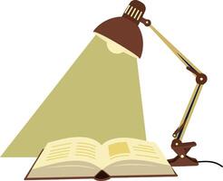 Adjustable desk lamp illuminating open book with warm light flat design illustration vector