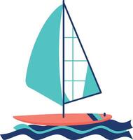 Small sailboat with turquoise and red sails on wavy water in minimal flat style illustration vector