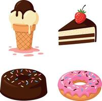 Ice cream cone with chocolate topping and assorted sweet desserts flat minimal illustration vector