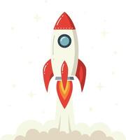 Rocket ship launching with red fins and window in flat style illustration vector