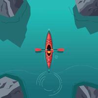Red kayak with paddler navigating calm turquoise water between rocky cliffs flat design illustration vector