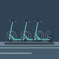 Electric scooters parked in a row at night with minimal flat design illustration vector