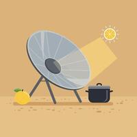 Solar cooker with parabolic reflector focusing sunlight on pot and orange in flat design illustration vector