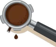 Portafilter filled with freshly ground coffee in flat minimal style with dripping drop art vector