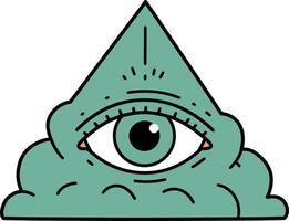 Single green eye inside triangular pyramid with cloud base flat minimal illustration vector