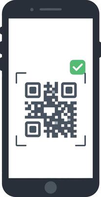 Smartphone displaying QR code scanning with confirmation checkmark flat minimal illustration