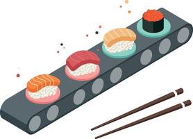 Sushi assortment on conveyor belt with chopsticks minimal flat design art vector