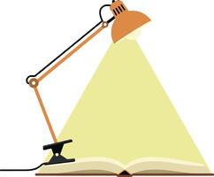Adjustable orange desk lamp illuminating open book with warm light flat design illustration vector