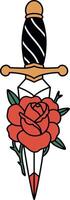 Dagger with black and gold handle piercing detailed red rose with green leaves flat style illustration vector