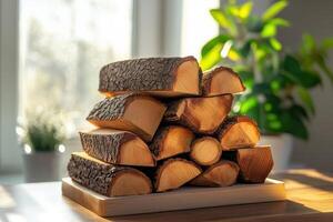 A stack of logs on a wooden table photo