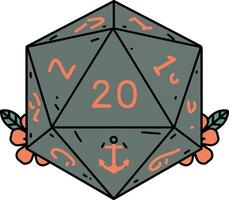 Twenty-sided polyhedral dice with anchor and floral decoration in flat minimal illustration vector
