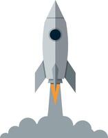Grey rocket launching with flame and smoke plume in flat minimal style illustration vector