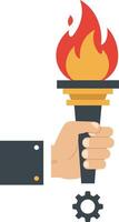 Hand holding a burning torch with gear symbol minimal flat design illustration vector