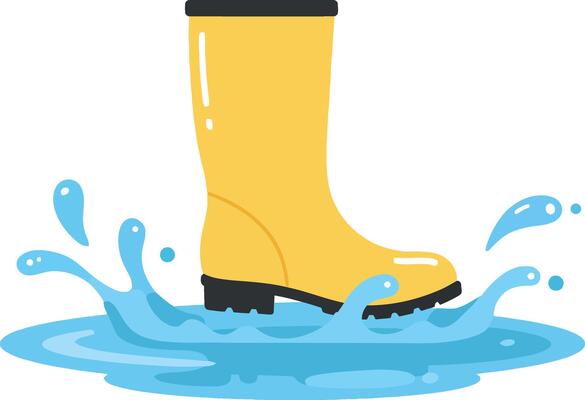 Yellow rain boot splashing water puddle flat minimalist style illustration