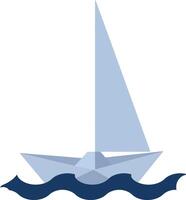 Small sailboat with white sails floating on stylized blue waves flat minimal illustration vector