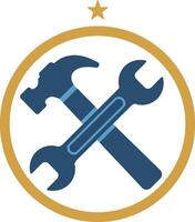 Hammer and wrench crossed inside gold circle with star above flat minimal art vector