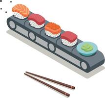 Sushi pieces and wasabi on conveyor belt with chopsticks minimal flat illustration vector