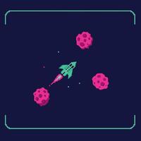 Retro style spaceship navigating through pink asteroids in space flat digital art vector